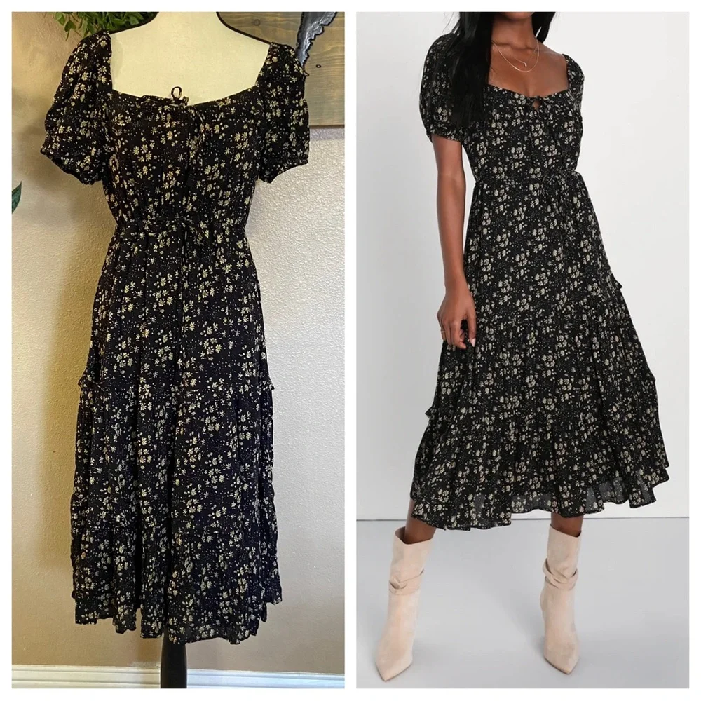 NWOT Adorable Ideal Black Floral Print Tiered Ruffled Midi Dress